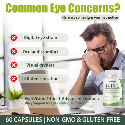 EVERVISION 14 in 1 Advanced Eye Formula, Eye Vitamin and Mineral Supplement with Zinc, Lutein, Zeaxanthin & Bilberry Extract, 60ct EVERVISIONBuy Supplements Australia