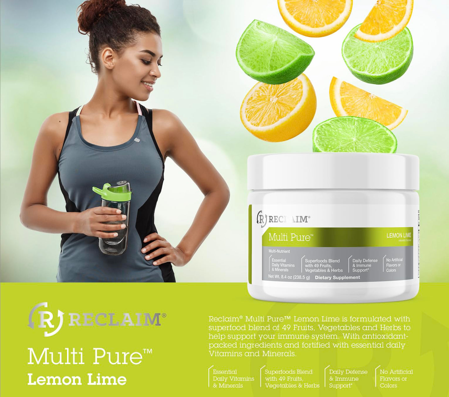 Reclaim Multi Pure Lemon Lime, Immune Support, Vitamin C, Vitamin B Complex, Probiotic, Superfood Powder, Calcium, Magnesium Oxide, (30 Servings) (Lemon Lime) Complete NutritionBuy Supplements Australia