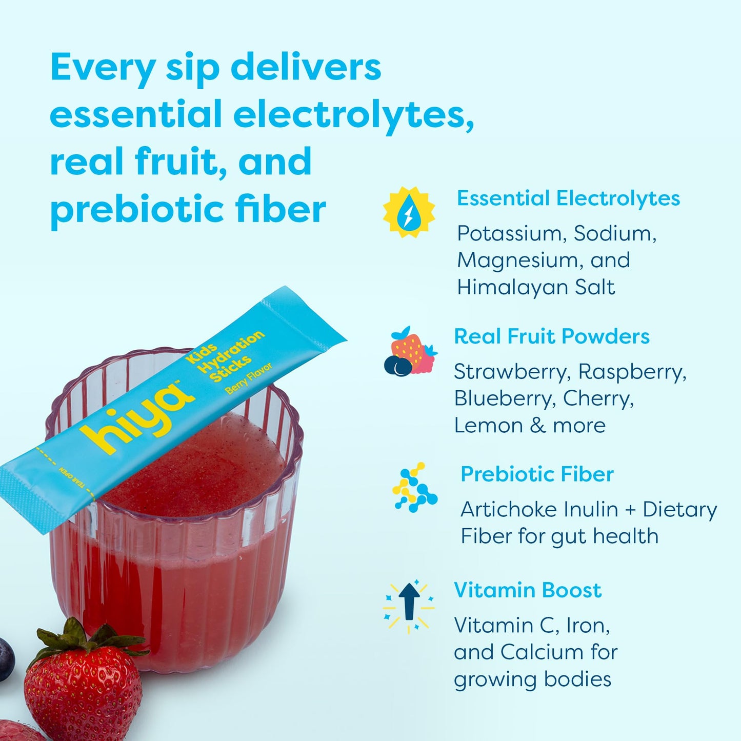Hiya Kids Hydration with Electrolytes - Zero Added Sugar Berry Flavored Kids Hydration Packets - 15 Sticks - Travel-Friendly Drink Mix for Children Ages 2+ HIYABuy Supplements Australia