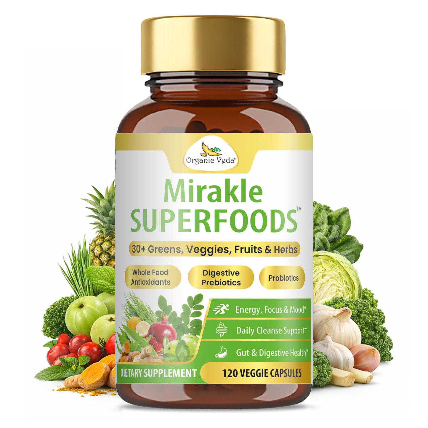 Organic Veda Mirakle Superfoods Greens Capsules - 30+ Daily Greens and Veggies Supplement with Moringa, Spirulina, Chlorella, Turmeric & Herbs, Antioxidants, Resveratrol, Probiotics - 120 Capsule Organic VedaBuy Supplements Australia