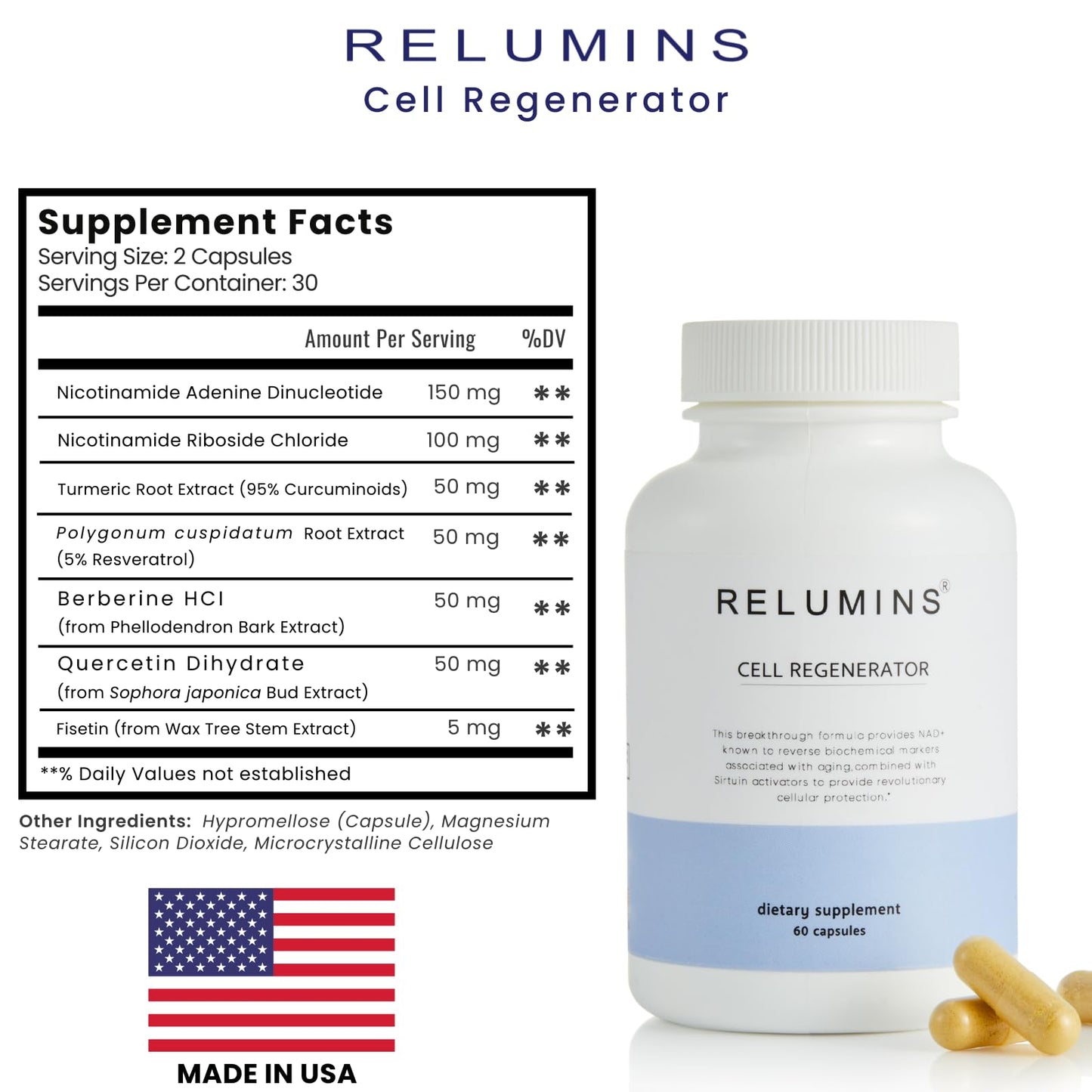 Relumins NAD+ Supplement with Nicotinamide Riboside, Resveratrol, Quercetin, Fisetin & Curcumin – Focus, Vitality, Energy, Balance & Daily Wellness Support – 60 Vegan Capsules ReluminsBuy Supplements Australia