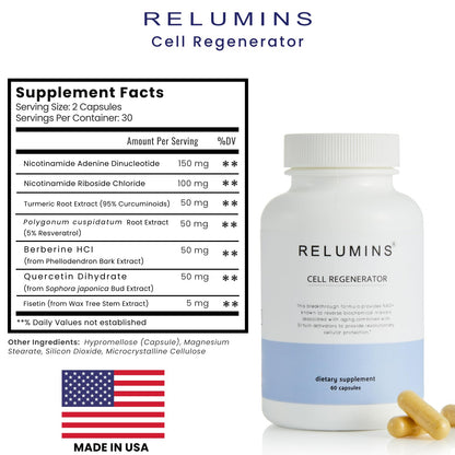 Relumins NAD+ Supplement with Nicotinamide Riboside, Resveratrol, Quercetin, Fisetin & Curcumin – Focus, Vitality, Energy, Balance & Daily Wellness Support – 60 Vegan Capsules ReluminsBuy Supplements Australia