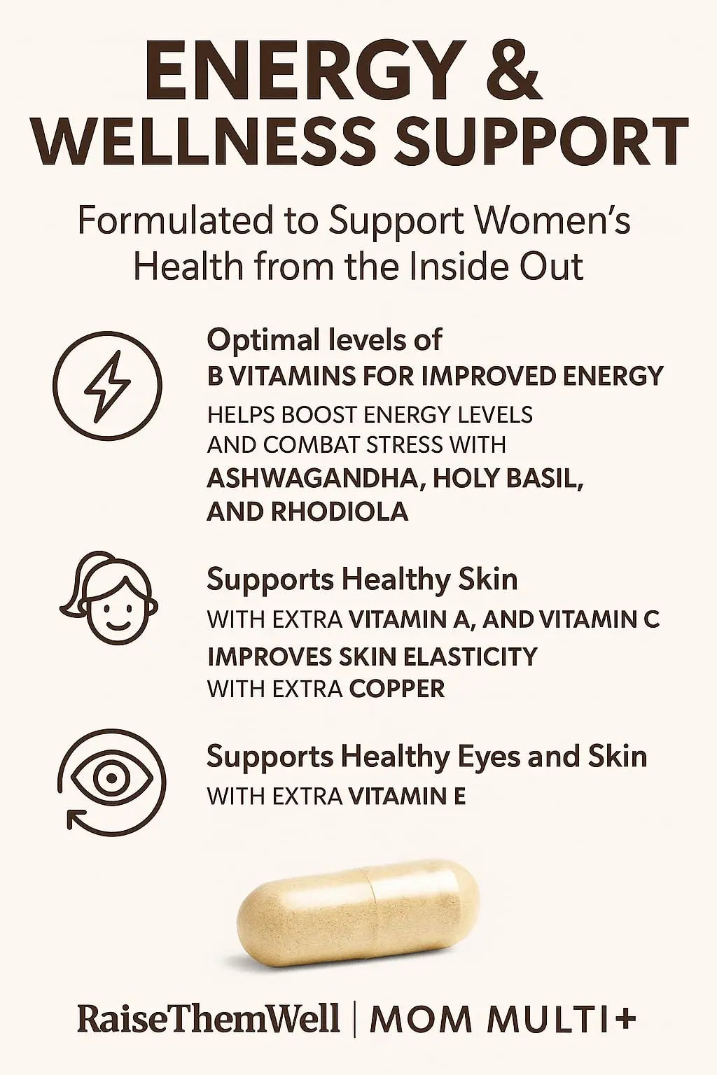 Raise Them Well Mom Multi+ Daily Multivitamin for Women with Active Folate, Adaptogens & Bacopa, Energy, Stress & Cognitive Support, 120 Veggie Capsules Raise Them Well
