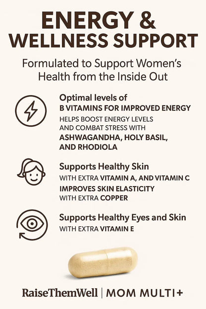 Raise Them Well Mom Multi+ Daily Multivitamin for Women with Active Folate, Adaptogens & Bacopa, Energy, Stress & Cognitive Support, 120 Veggie Capsules Raise Them Well