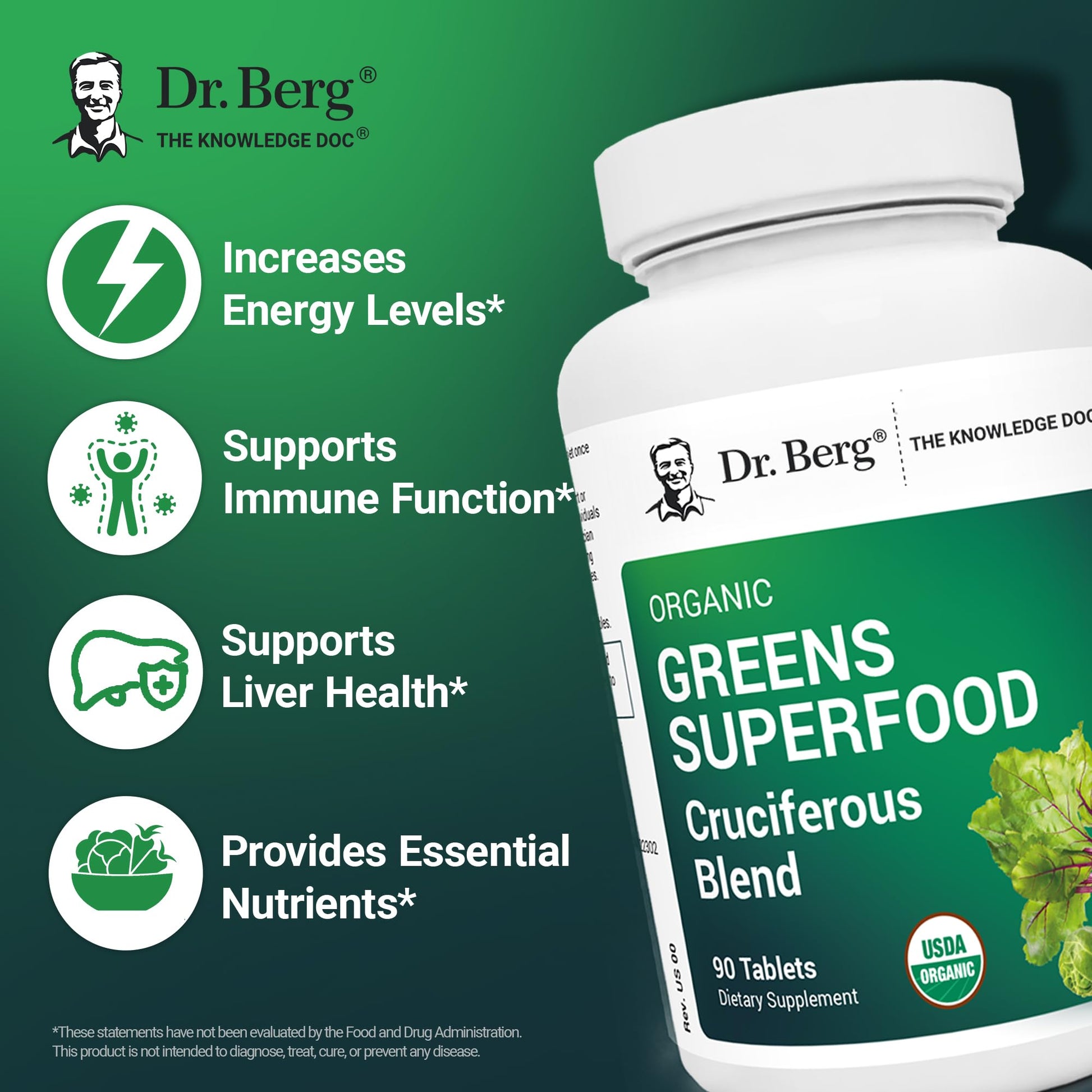 Dr. Berg's Greens Superfood Cruciferous Vegetable Tablets - Vegetable Supplements for Adults w/ 11 Phytonutrient Super Greens - Energy, Immune System & Liver Veggie Tablets - 90 Tablet Dr. Berg NutritionalsBuy Supplements Australia