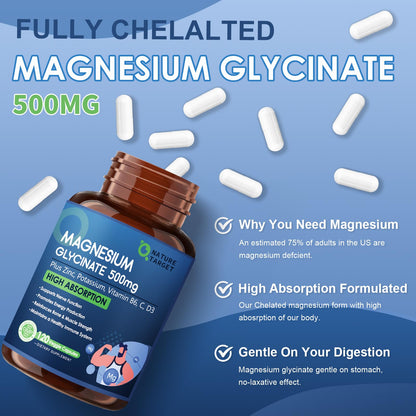 NATURE TARGET Magnesium Glycinate 500mg, Chelated Magnesium with Zinc & Vitamin D3 for Muscle, Nerve & Bone, Support Heart Health & Leg Cramp, Strength Immune System - 120 Capsules NATURE TARGETBuy Supplements Australia