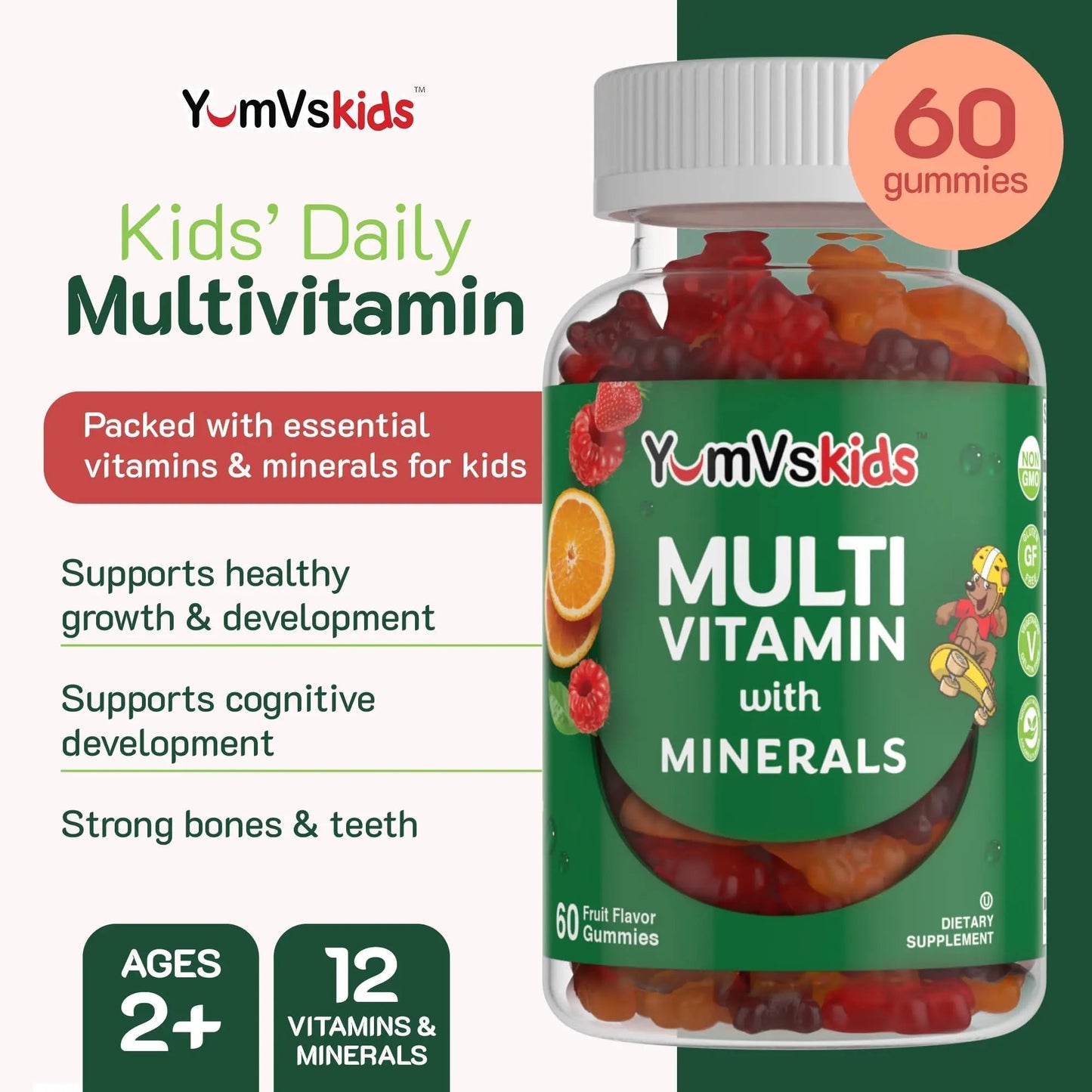 YumVs Kids Multivitamin Gummies - Fruit Flavored Chewable Children's Multivitamin - Kids Vitamins Multivitamin Gummy with 12 Minerals & Vitamins A C D3 E B6 B12 YUM-V'S