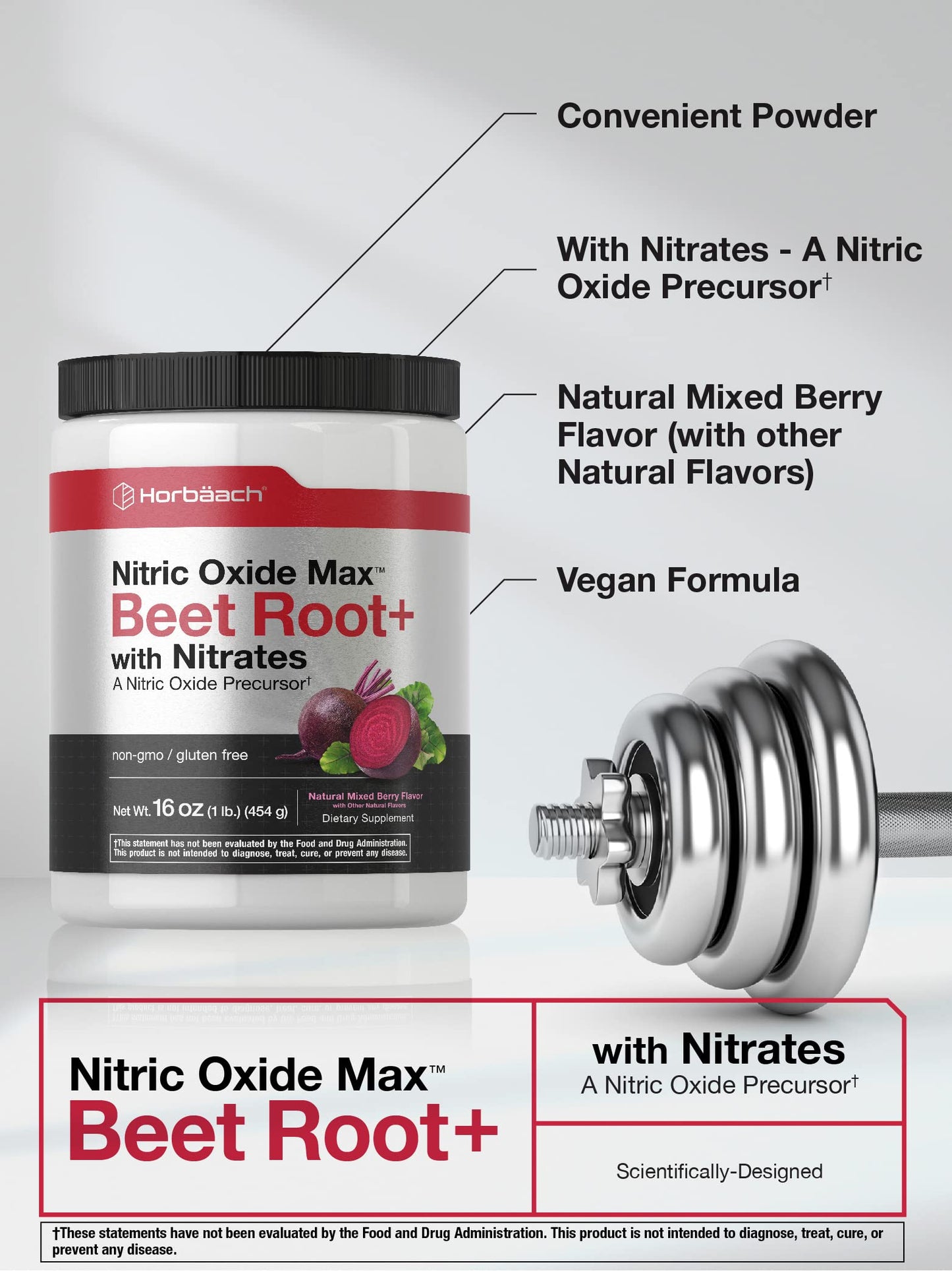 Nitric Oxide Beet Root Powder | 16 oz (454g) | Natural Mixed Berry Flavor | with Nitrates HorbäachBuy Supplements Australia