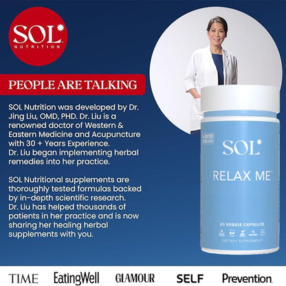 Sol Nutrition Relax Me - Natural Calming Relief for Stress, Tension, & Worry - 15x More Effective - Support Mood, Relax the Mind & Body - Supplements for Adults - Non-Drowsy - 60 Vegetarian Capsules Sol NutritionBuy Supplements Australia