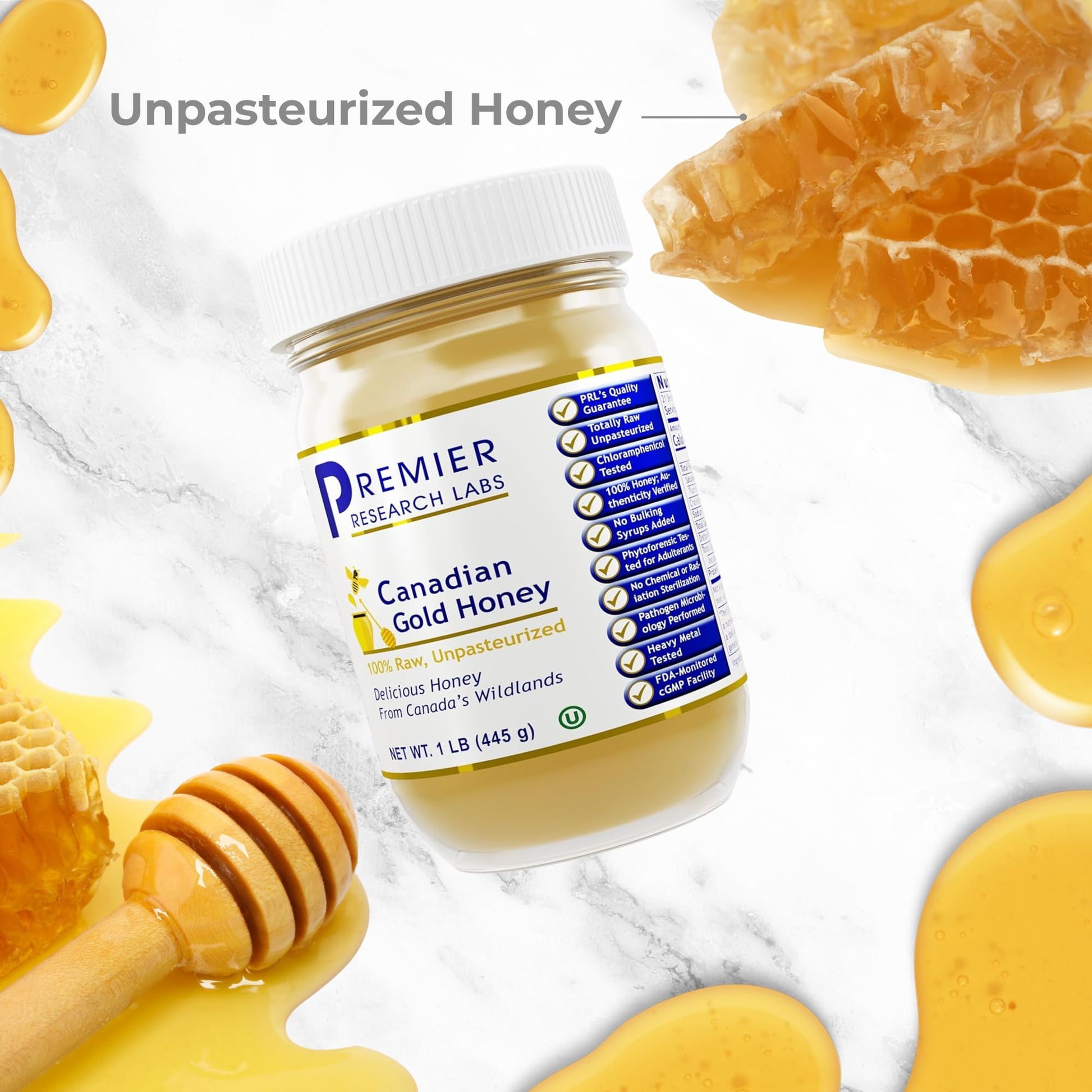 Premier Research Labs Canadian Gold Honey - Raw Honey, Pure Honey, Raw Unpasteurized Honey, Unfiltered, 100% Pure, Sugar-Free, Unprocessed Wildflower Honey - 1 lb Jar Premier Research LabsBuy Supplements Australia