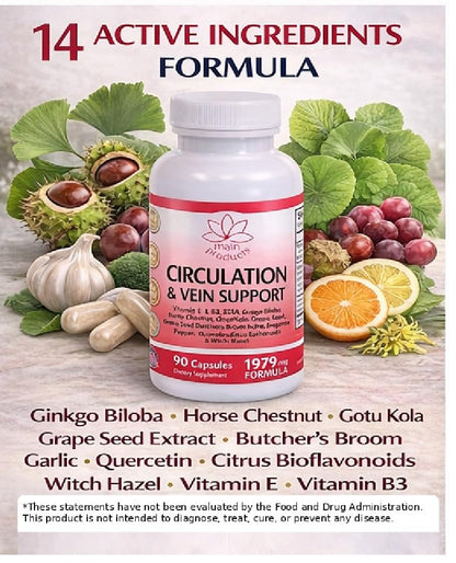 Circulation & Vein Support Supplement - Vitamins E & B3, Ginkgo Biloba, Horse Chestnut, Gotu Kola, Grape Seed, Butcher's Broom & Citrus Bioflavonoids - 1979 mg Formula - 90 Capsules - 30 Days Supply. Main ProductsBuy Supplements Australia