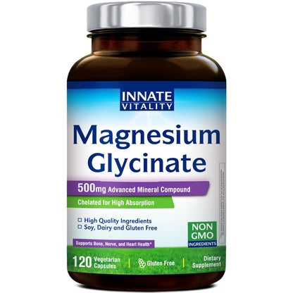 Innate Vitality Magnesium Glycinate 500mg | 70mg Elemental Magnesium Supplement - High Absorption, Non Buffered, Non-GMO & No Gluten - Vegan - Nerve Health - 120 Capsules (Pack of 1) Innate VitalityBuy Supplements Australia