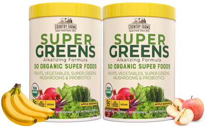 Country Farms Super Greens Apple Banana Powder Smoothie, Organic Super Foods, USDA Organic Drink Mix, Fruits, Vegetables, Mushrooms, Superfood Nutrition, 40 Servings, 2 Pack Country FarmsBuy Supplements Australia