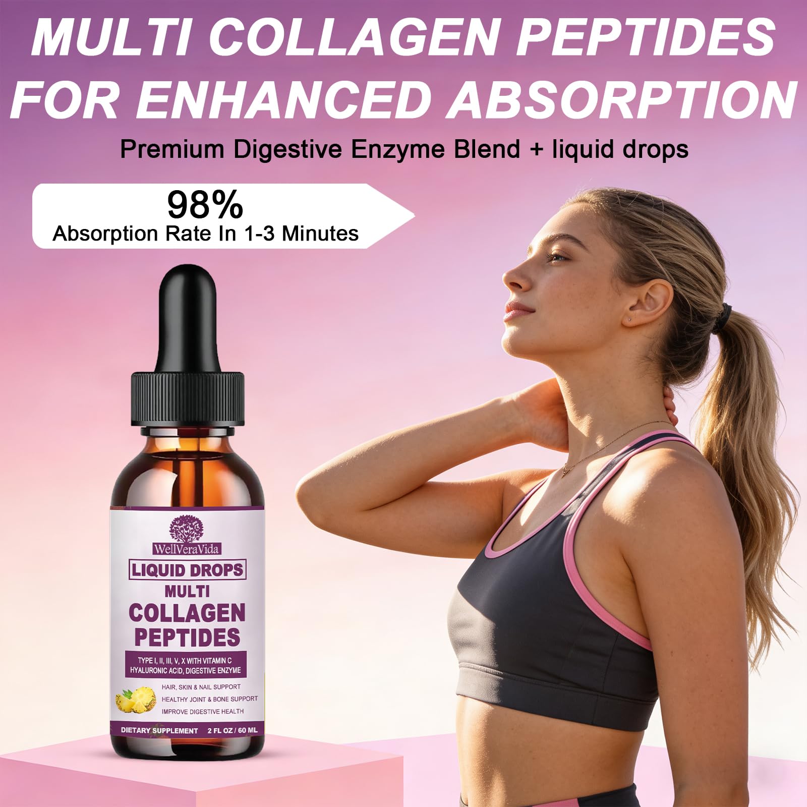 Multi Collagen Peptides Liquid Drops, 2oz – Types I, II, III, V, X, Hydrolyzed Collagen Complex for Hair, Skin, Nails, Bones & Joint Support | Collagen Supplement w. Hyaluronic Acid, Biotin, Vitamin C WellVeraVidaBuy Supplements Australia