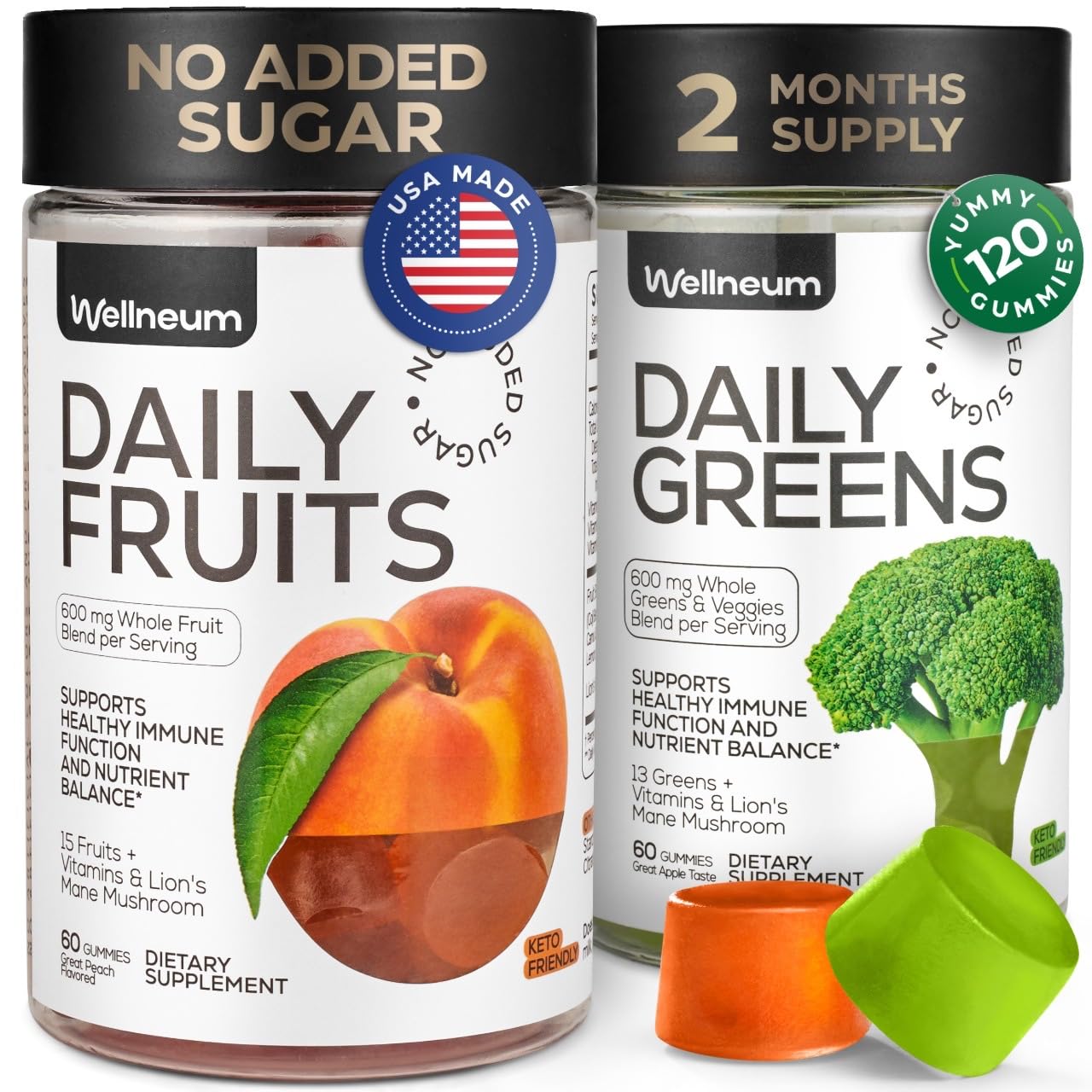 Super Greens + Super Fruits Gummies (Fruits/Greens Powder in Gummies Form) - 600mg Greens Blend + 600mg Fruits Blend for Immune Support, Sugar Free, Vegetarian, Non-GMO, 2-Pack (120 Gummies) WellneumBuy Supplements Australia