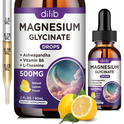 Magnesium Glycinate Supplement, Magnesium Liquid Drops with Magnesium Glycinate 500mg Vitamin B6, Ashwagandha, L - Theanine, Chamomile