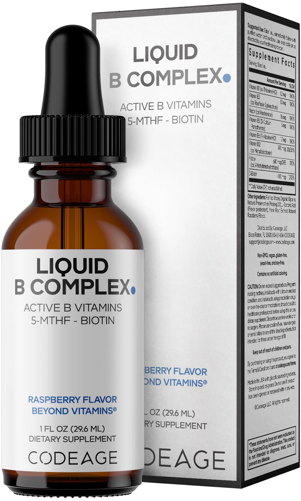 Codeage Liquid B-Complex Supplement with 8 Forms of Vitamin B - Vitamin Thiamine B1, Riboflavin B2, B3, B5, B6, Biotin B7, Active Methylated B9 Folate & B12 - Raspberry Flavor - Non-GMO - 1 fl oz CodeageBuy Supplements Australia