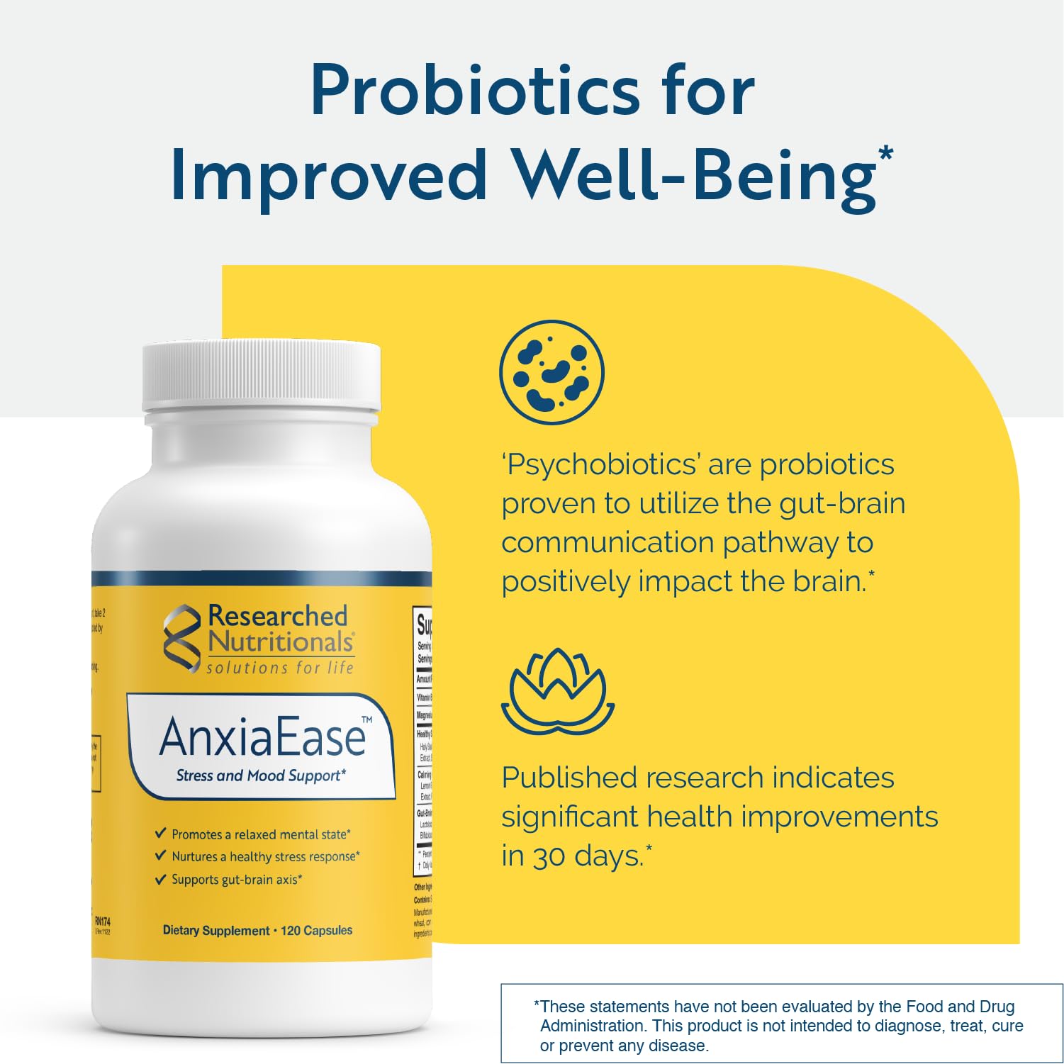 Researched Nutritionals AnxiaEase - Stress, Cortisol Management & Mood Support Supplement - Botanicals, Vitamin B6, Magnesium & 'Psychobiotic' Probiotic Strains (120 Capsules) Researched NutritionalsBuy Supplements Australia