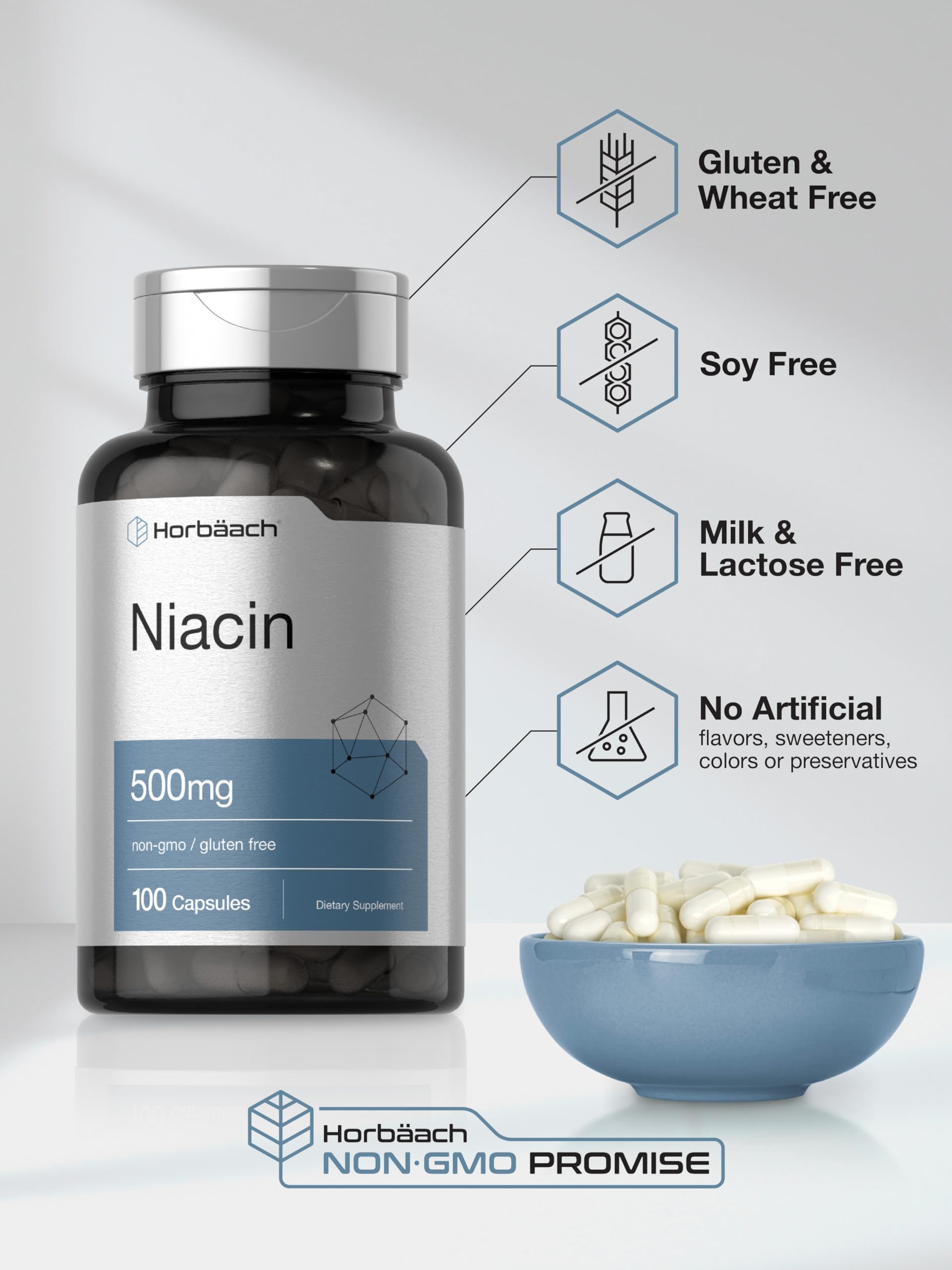 Niacin | Vitamin B3 500mg | 100 Capsules | with Flushing | Non-GMO, and Gluten Free HorbäachBuy Supplements Australia
