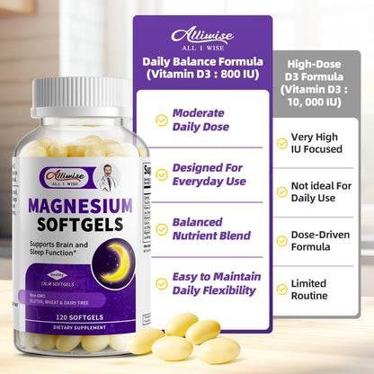 Magnesium Glycinate 400mg Softgels, Small Easy to Swallow High Absorption Magnesium Supplement, with Vitamin D3 & K2 for Sleep Relax Calm Muscle Bone* Health, 120 Gelcaps AlliwiseBuy Supplements Australia