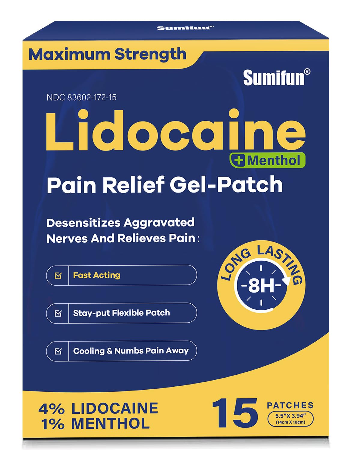 Sumifun 4% Lidocaine Patches Plus 1% Menthol - 15 Counts Maximum Strength OTC Pain Relief Patches for Back Ache Stiff Neck Joint Pain Muscle Soreness Topical Analgesic SumifunBuy Supplements Australia