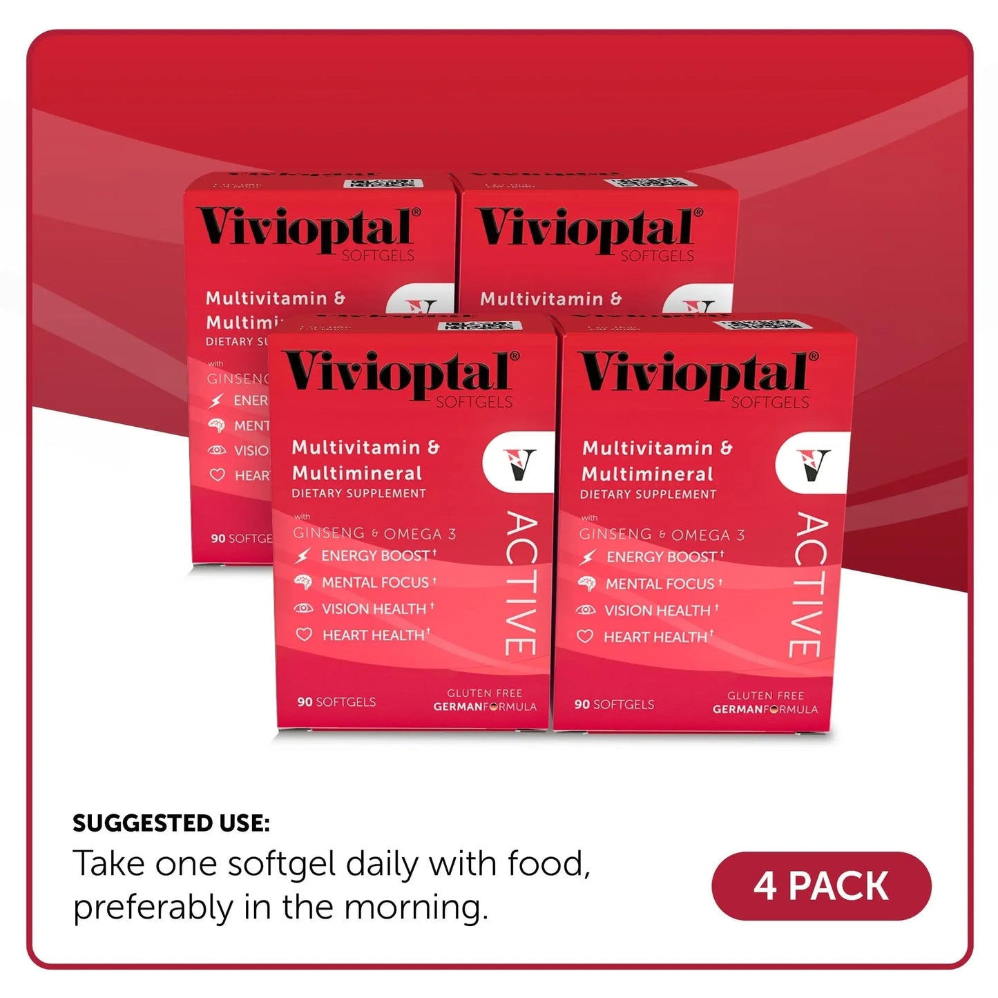 Vivioptal Active, 90 Softgels (1 Year Supply), Ginseng & Omega 3, Multivitamin & Multimineral, Gluten Free, German Formula Vivioptal VitaminsBuy Supplements Australia