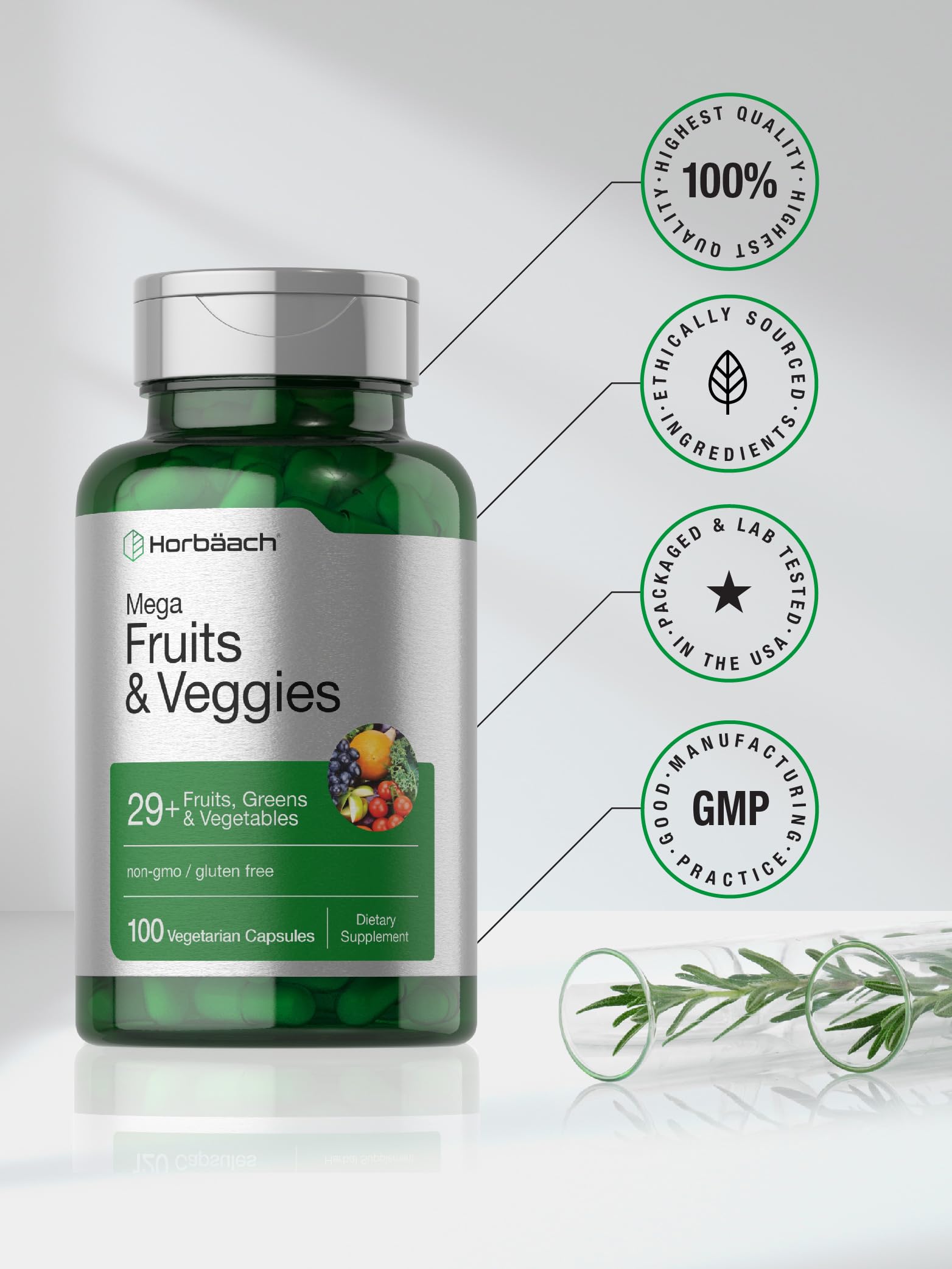 Horbäach Mega Fruits and Veggies Supplement | 100 Capsules | Vegetarian, Non-GMO and Gluten Free HorbäachBuy Supplements Australia
