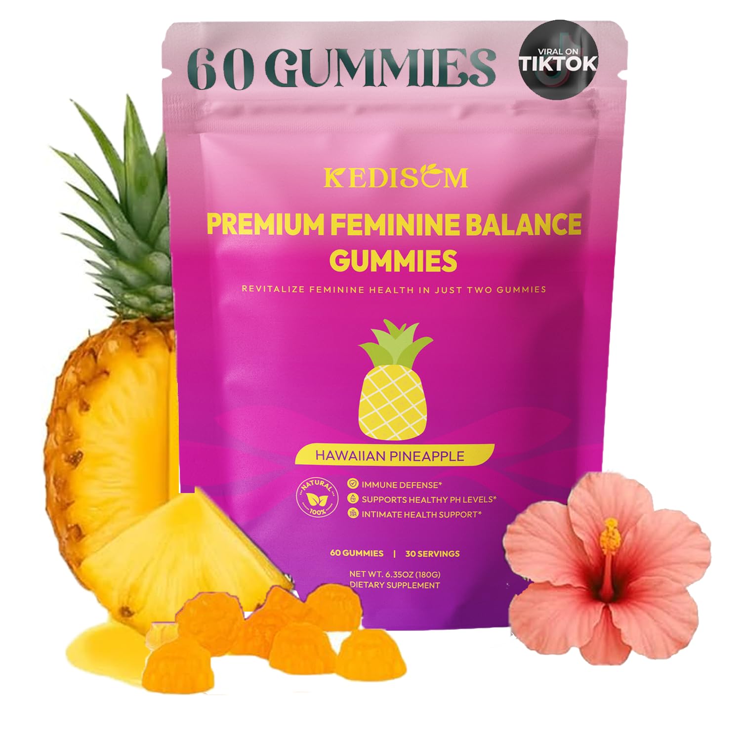 KEDISOM Premium Feminine Balance Gummies - for Women’s Health & Wellness - Immune Support - Vegan, Gluten-Free - Hawaiian Pineapple - 60 Gummies - 30 Servings KEDISOMBuy Supplements Australia