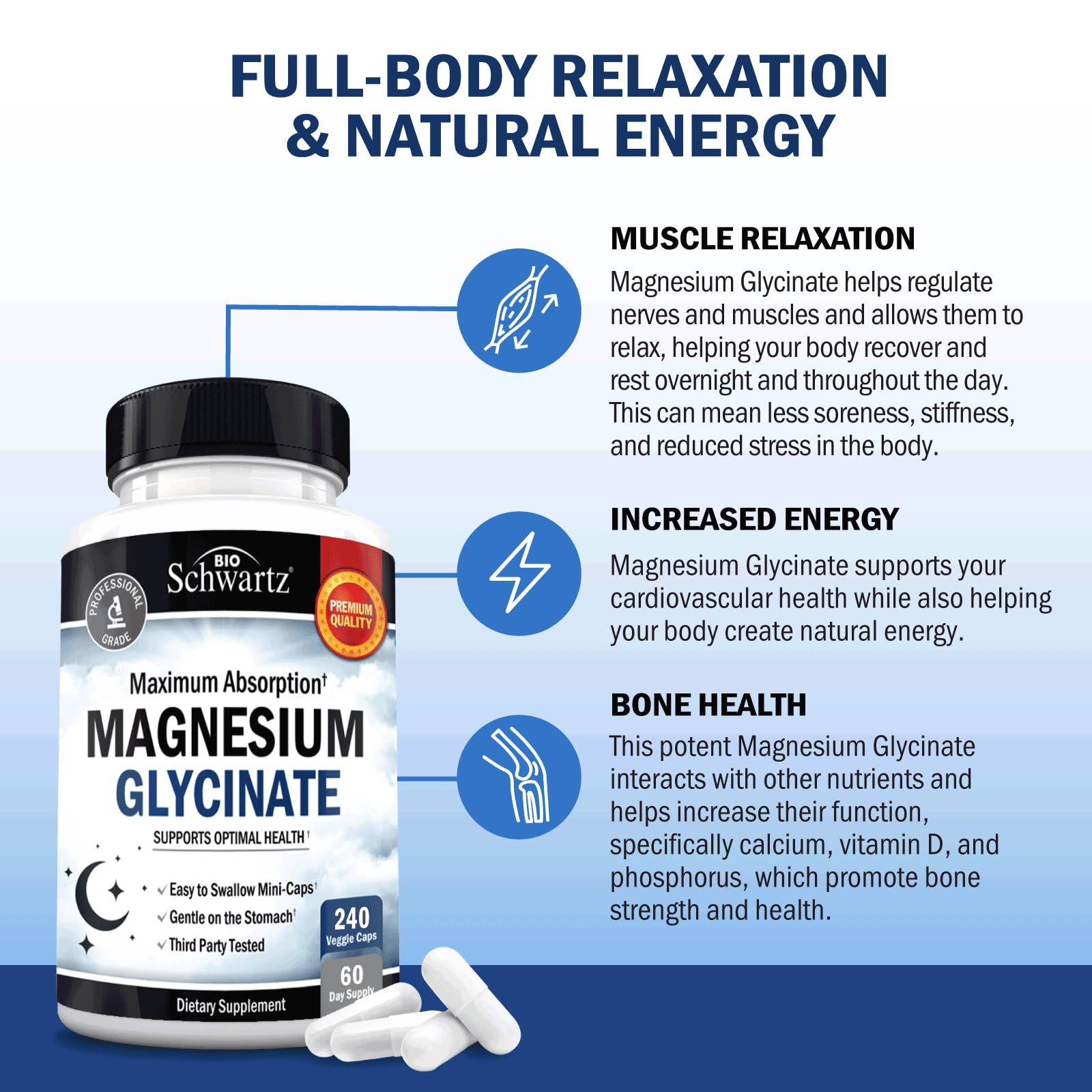 BioSchwartz Magnesium Glycinate 500mg Capsules (240 Mini Caps) Maximum Absorption Magnesium Supplement for Healthy Nerves Muscles Heart Mood and Sleep Support (Vegan, Gluten-Free, Non-GMO) BioSchwartzBuy Supplements Australia
