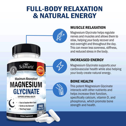 BioSchwartz Magnesium Glycinate 500mg Capsules (240 Mini Caps) Maximum Absorption Magnesium Supplement for Healthy Nerves Muscles Heart Mood and Sleep Support (Vegan, Gluten-Free, Non-GMO) BioSchwartzBuy Supplements Australia