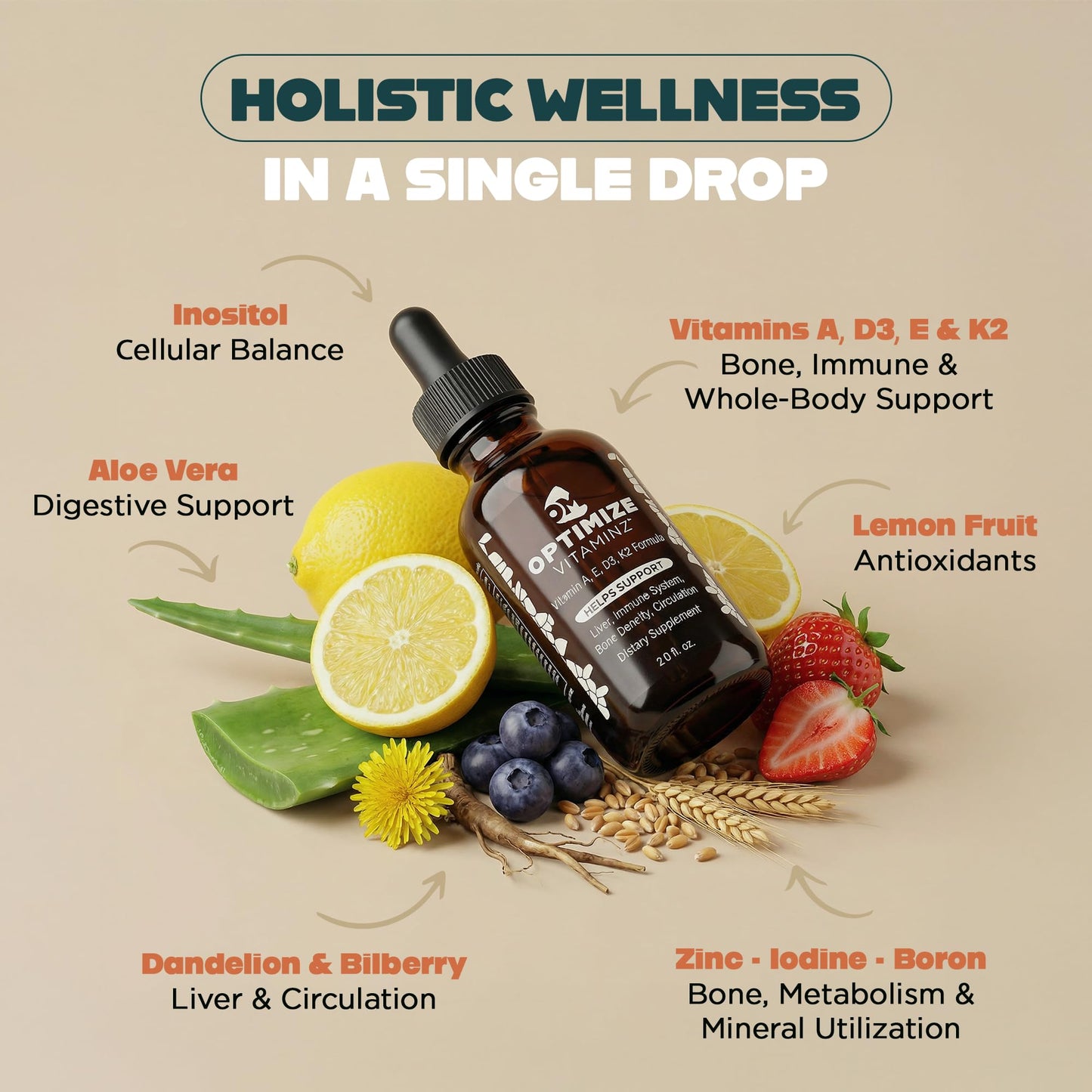 Optimize Vitaminz Liquid Vitamin D3 K2 Drops with Dandelion Root & Bilberry | Immune, Liver & Bone Support, MK-7 Formula, Fast Absorption Liquid Multivitamin, 30 Day Supply, 2 Fl Oz Optimize MineralsBuy Supplements Australia