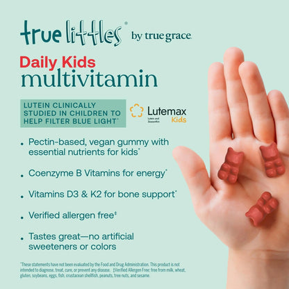 True Grace True Littles Daily Kids Multi - 120 Pectin Gummies - Immune, Cognitive, Bone & Eye Support - Clinically Studied Lutemax Kids Lutein True Grace