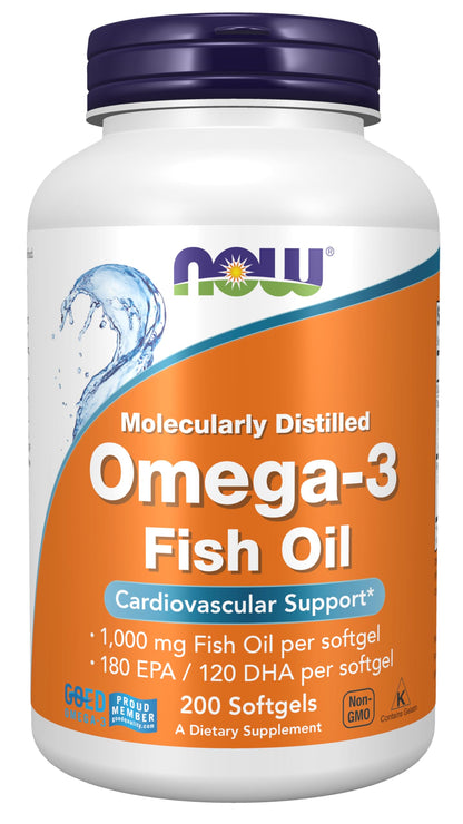 NOW Foods Supplements, Omega-3 180 EPA / 120 DHA, Molecularly Distilled, Cardiovascular Support*, 200 Softgels NOW FoodsBuy Supplements Australia