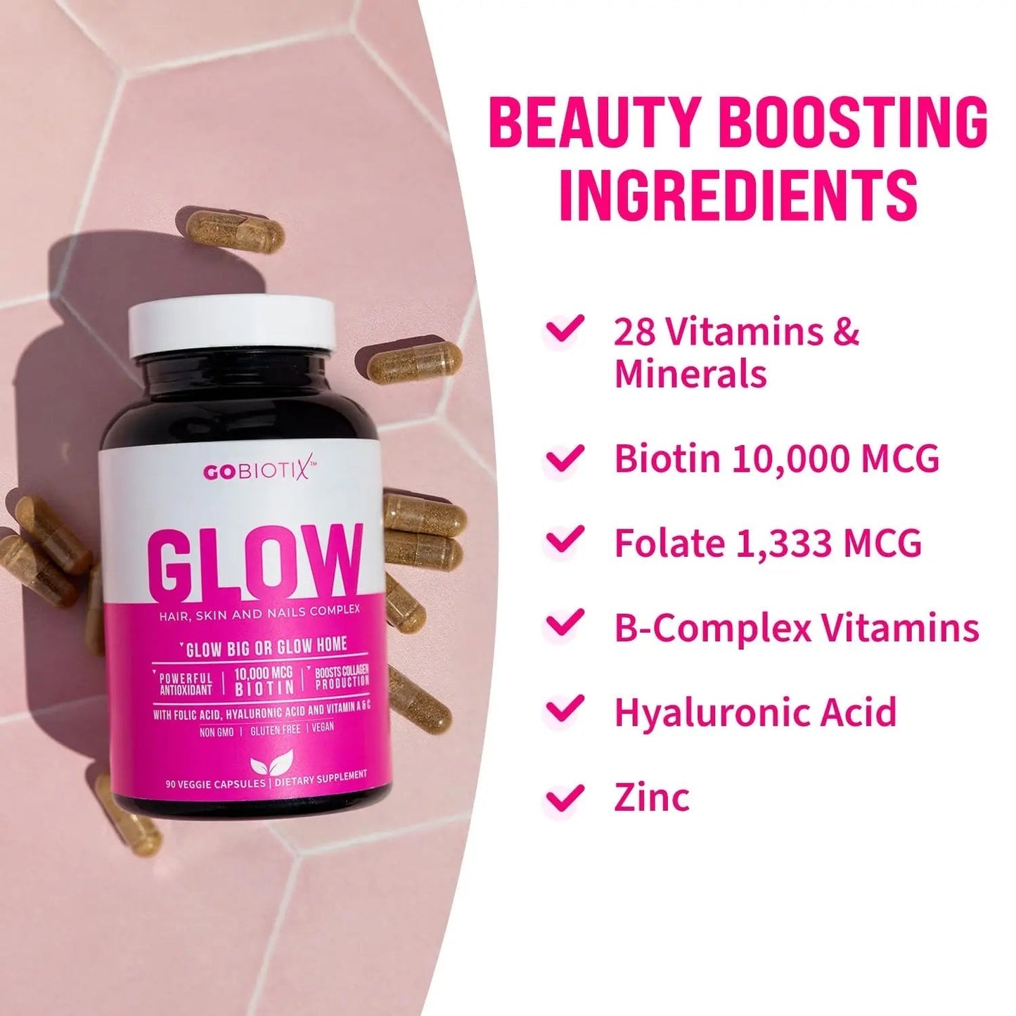 GOBIOTIX Hair Skin and Nails Vitamin Supplement - 10000mcg Biotin Pills with Hyaluronic Acid, Folate, Iron, Magnesium, and Zinc GOBIOTIX