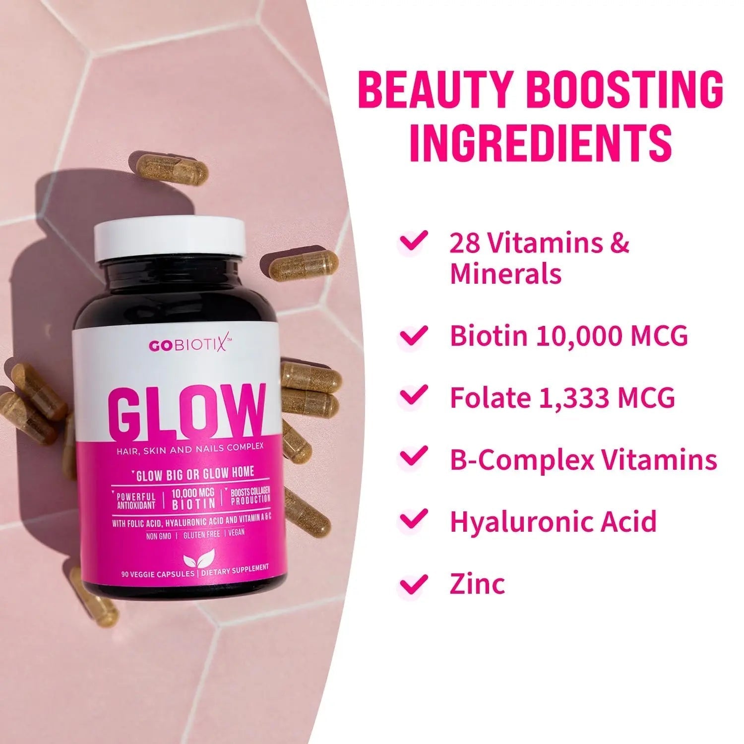 GOBIOTIX Hair Skin and Nails Vitamin Supplement - 10000mcg Biotin Pills with Hyaluronic Acid, Folate, Iron, Magnesium, and Zinc GOBIOTIX
