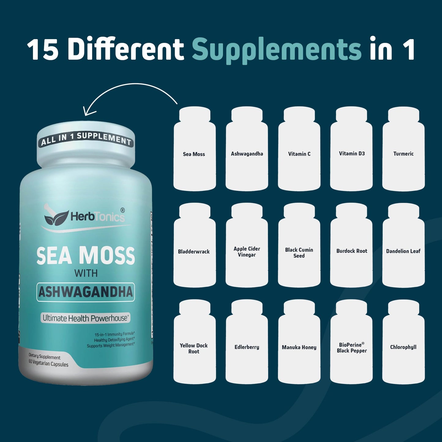 Herbtonics Sea Moss, Black Cumin Seed, Ashwagandha, Burdock Root & ACV Complex | Manage Immunity, Stress & Digestion Support | 60 Capsules (2 Capsules Per Serving) HerbtonicsBuy Supplements Australia