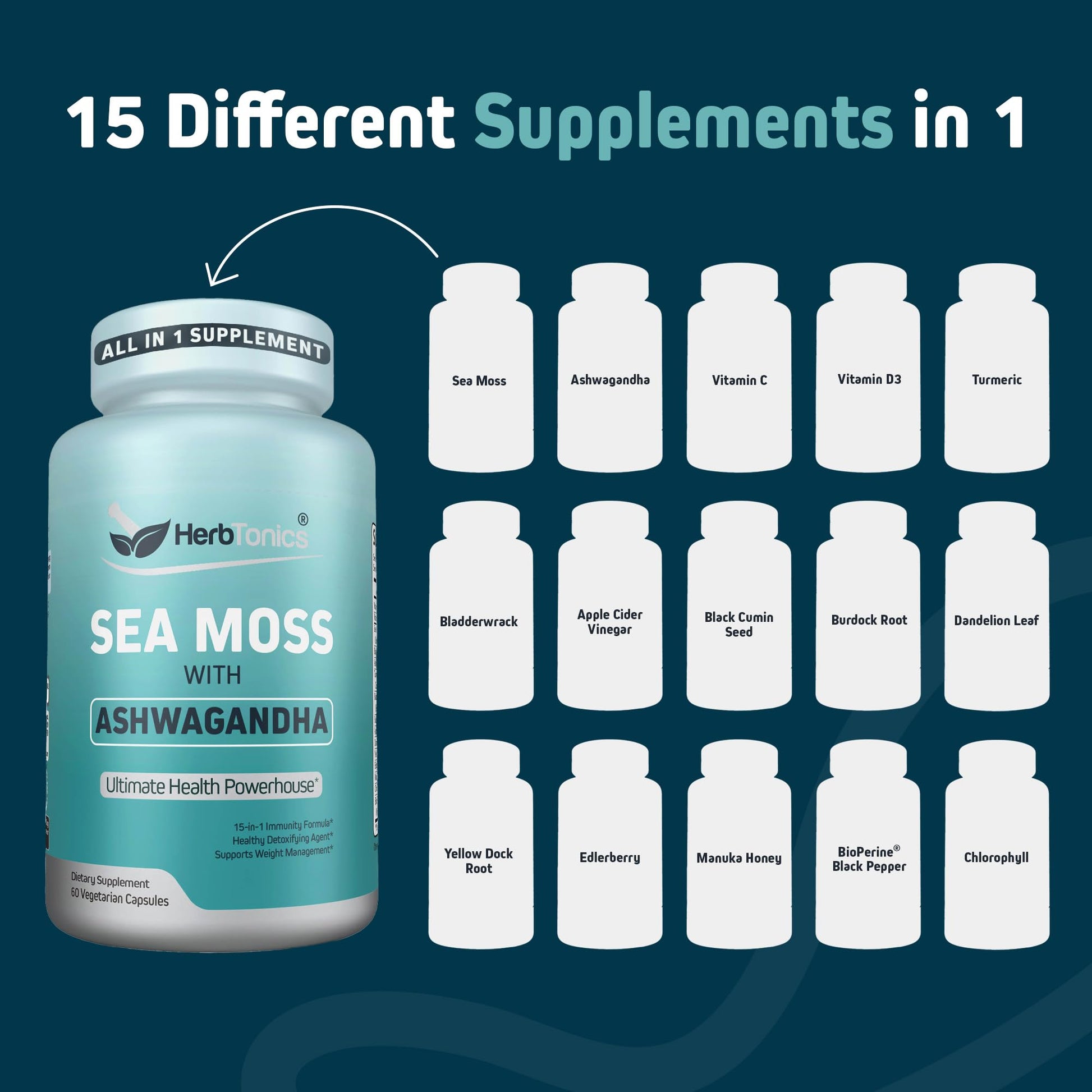 Herbtonics Sea Moss, Black Cumin Seed, Ashwagandha, Burdock Root & ACV Complex | Manage Immunity, Stress & Digestion Support | 60 Capsules (2 Capsules Per Serving) HerbtonicsBuy Supplements Australia