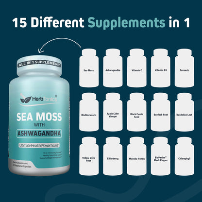 Herbtonics Sea Moss, Black Cumin Seed, Ashwagandha, Burdock Root & ACV Complex | Manage Immunity, Stress & Digestion Support | 60 Capsules (2 Capsules Per Serving) HerbtonicsBuy Supplements Australia