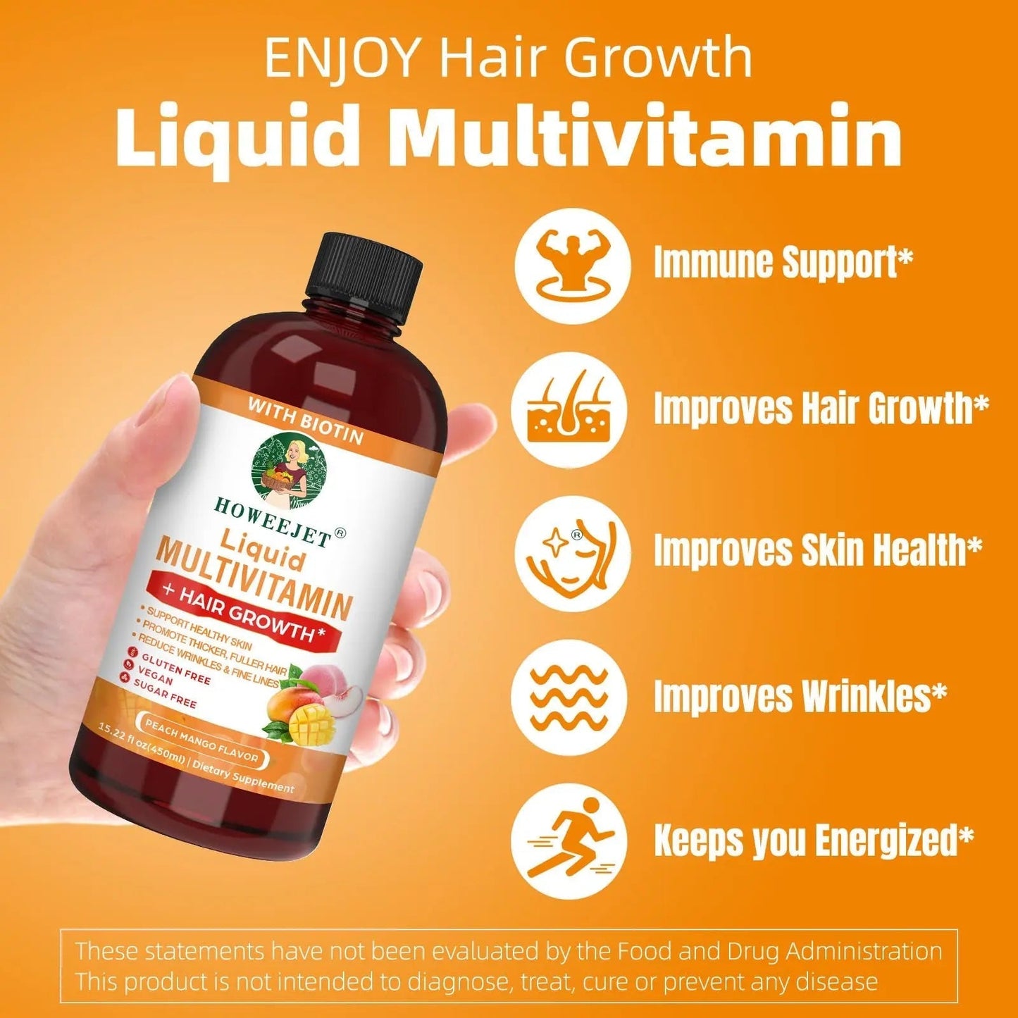 Liquid Multivitamin for Hair Growth | Biotin 10000mcg | Hair & Skin Support Supplement | Clinically Tested for Thicker Hair & Skin Elasticity HOWEEJET