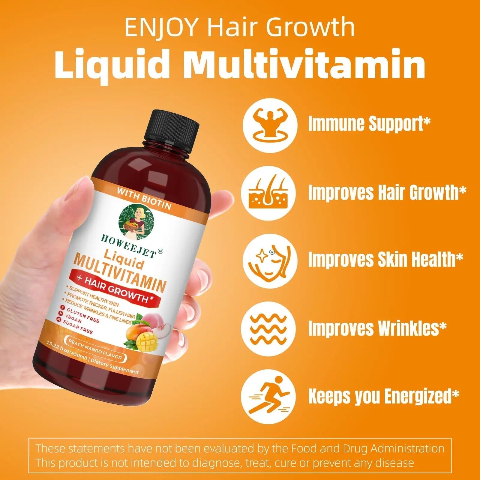 Liquid Multivitamin for Hair Growth | Biotin 10000mcg | Hair & Skin Support Supplement | Clinically Tested for Thicker Hair & Skin Elasticity HOWEEJET