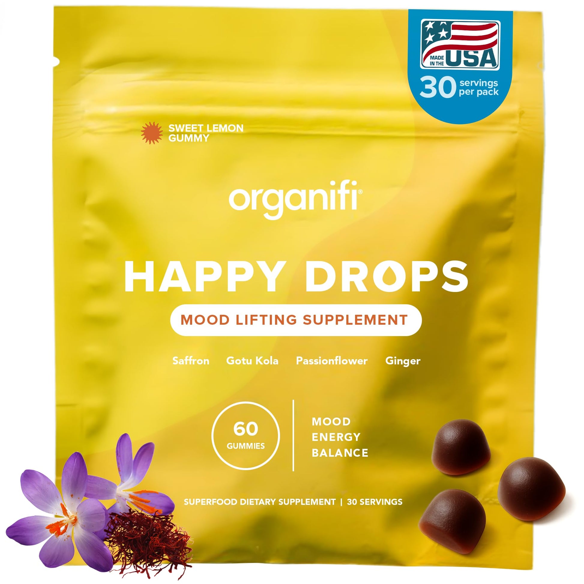 Organifi Happy Drops - Daily Superfood Happy Gummies for Adults - Mood Support Supplement for Balance, Bliss, Energy and Taking the Edge Off - Sweet Lemon Flavor - 60 Gummies OrganifiBuy Supplements Australia