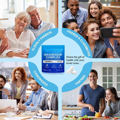 8-in-1 Magnesium Complex 90 Capsules, 1000mg with Magnesium Glycinate, Citrate, Malate, Taurate, Easy Absorption for Health, Energy, Non-GMO, Vegan - Maple Wellness Supplements
