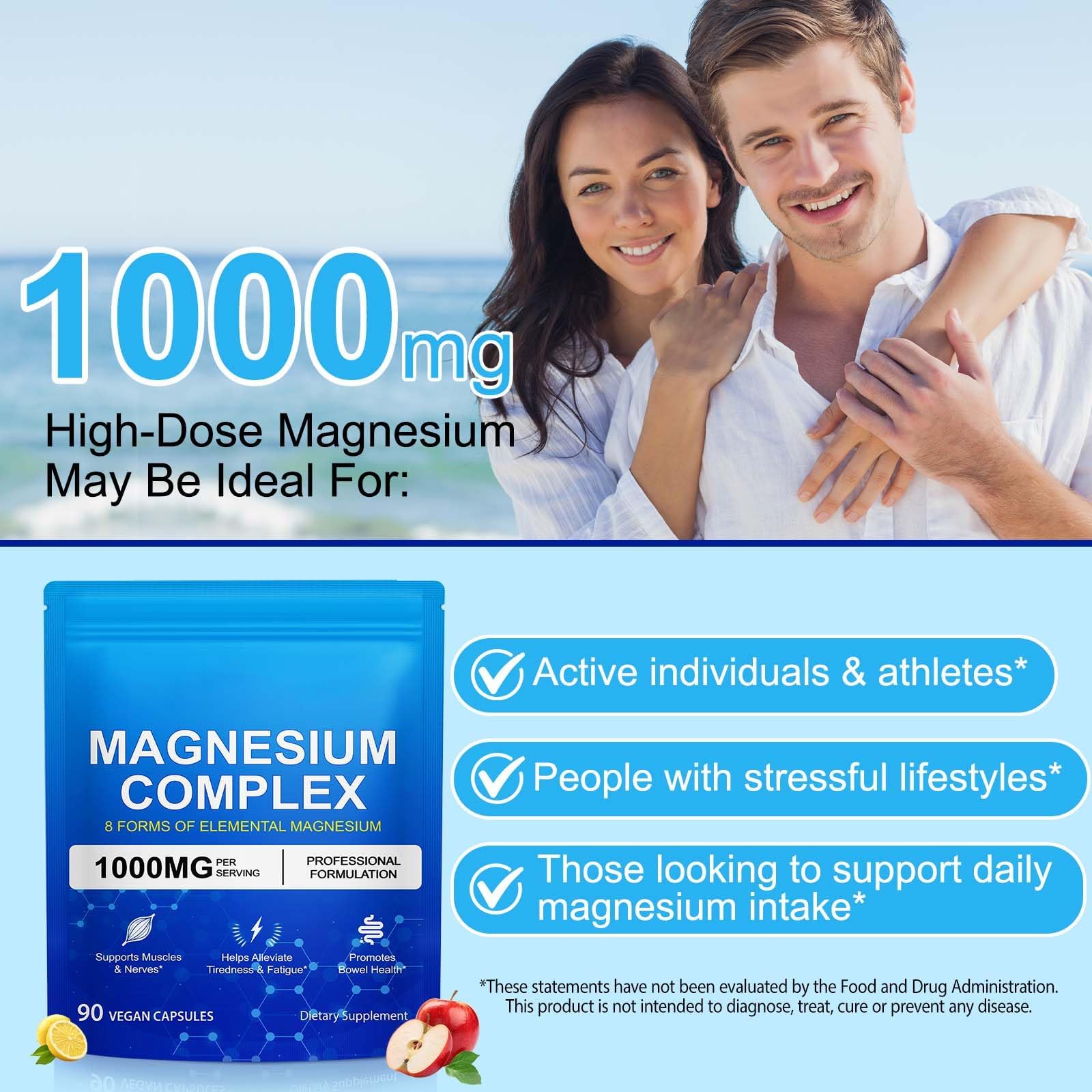 8-in-1 Magnesium Complex 90 Capsules, 1000mg with Magnesium Glycinate, Citrate, Malate, Taurate, Easy Absorption for Health, Energy, Non-GMO, Vegan - Maple Wellness Supplements