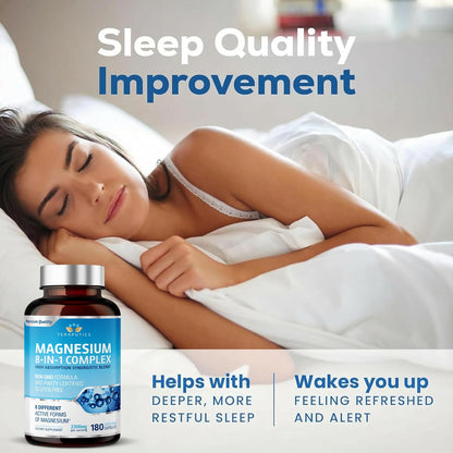 8 in 1 Magnesium Complex for Women & Men 426mg | 180 Vegan Capsules | MAG-8 Blend: Citrate, Bisglycinate, Malate, & More | Non-GMO Magnesio Complex Supplement | Provides 100% Daily Recommended Value - Maple Wellness Supplements