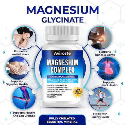 8 in 1 Magnesium Complex Supplement - 8 Elemental 1000mg - Magnesium Glycinate, Citrate, Malate, Taurate - High Absorption,for Muscle, Nerve & Sleep Support - 90 Capsules - Maple Wellness Supplements