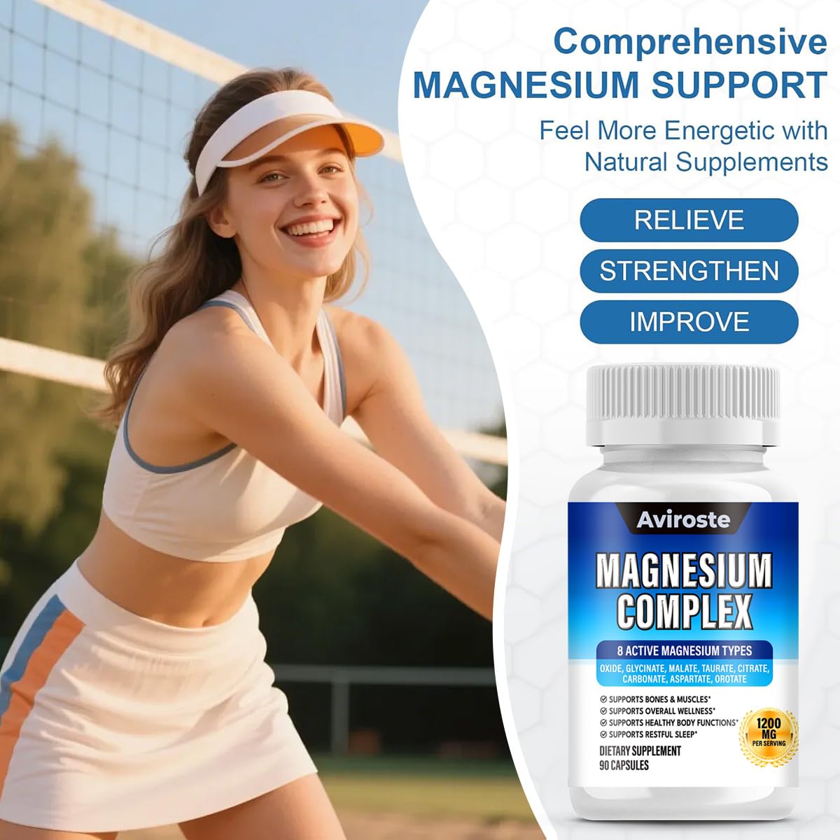 8 in 1 Magnesium Complex Supplement - 8 Elemental 1000mg - Magnesium Glycinate, Citrate, Malate, Taurate - High Absorption,for Muscle, Nerve & Sleep Support - 90 Capsules - Maple Wellness Supplements