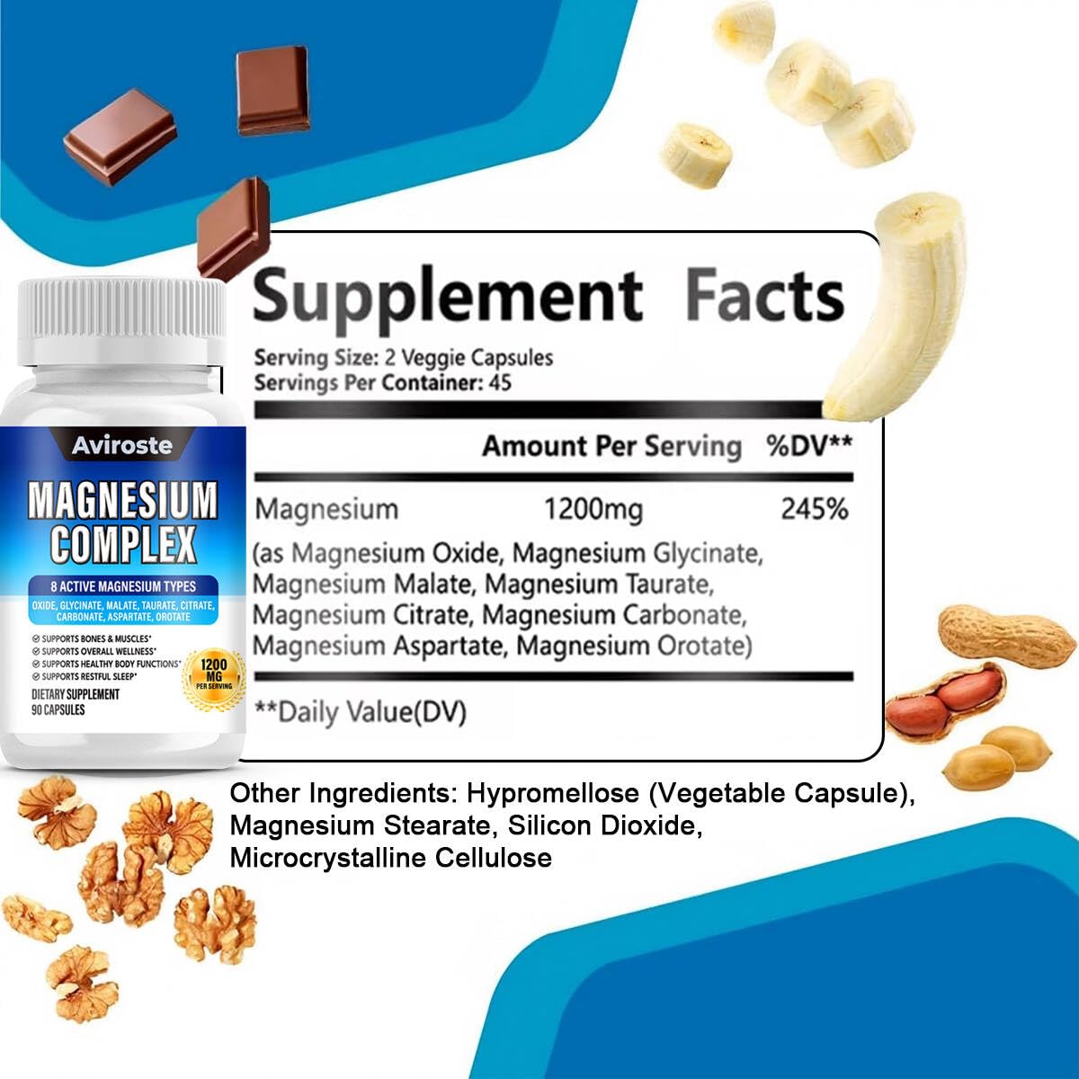 8 in 1 Magnesium Complex Supplement - 8 Elemental 1000mg - Magnesium Glycinate, Citrate, Malate, Taurate - High Absorption,for Muscle, Nerve & Sleep Support - 90 Capsules - Maple Wellness Supplements