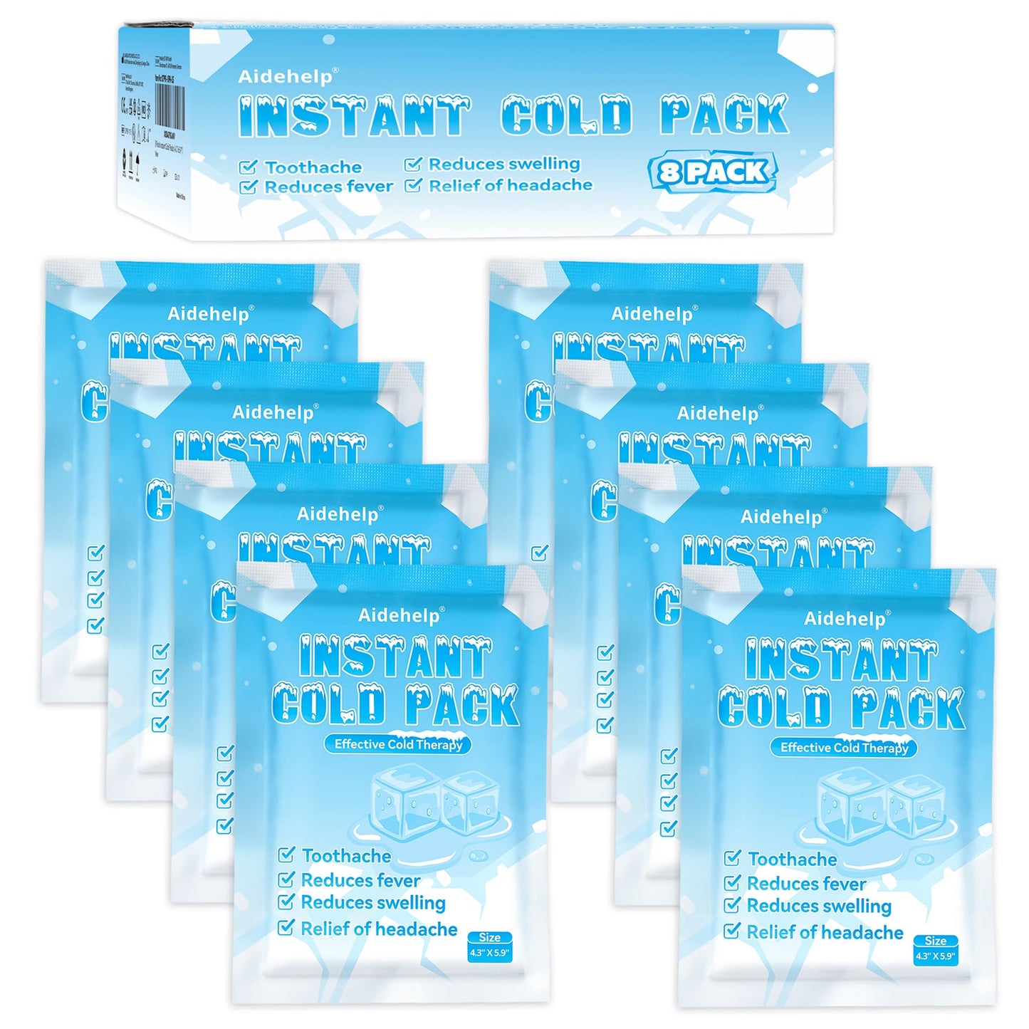 8 Pack Instant Cold Packs (4.3" x 5.9") - Disposable Ice Packs for Injuries | Cold Compress Ice Pack for Pain Relief, Swelling, Inflammation, Sprains, Toothache - Cold Pack for Athletes - Maple Wellness Supplements