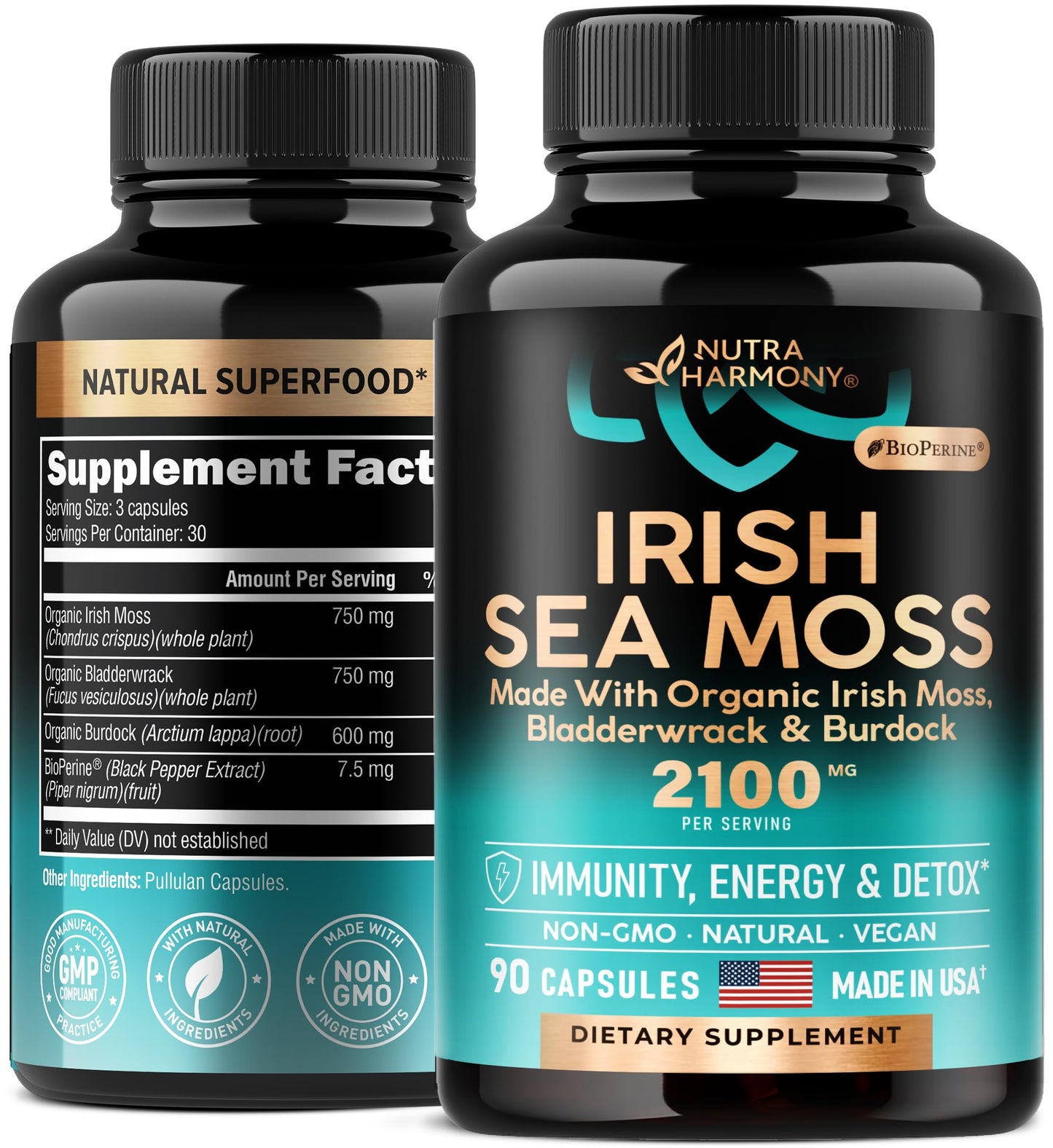 Irish Sea Moss Capsules - Made with Organic Sea Moss, Bladderwrack & Burdock Root - Made in USA - Advanced Superfood - Natural Multi Supplements Blend - Immunity & Energy Support - 90 Vegan Capsules NUTRAHARMONYBuy Supplements Australia