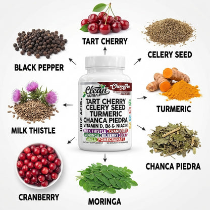Cherry Flow Tart Cherry Capsules Uric Acid Support Celery Seed Turmeric Chanca Piedra Vitamin D Vitamin B6 Niacin Milk Thistle Moringa Extract Pomegranate Beets 90 Count By Clean Nutra Clean NutraceuticalsBuy Supplements Australia
